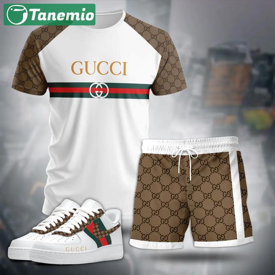 For the girls who love neutral sporty balance, minimal logo stripe tee outfit t-shirt – white with beige monogram sleeves | casual everyday outfit aesthetic ideas T-Shirt Short Sneakers Set