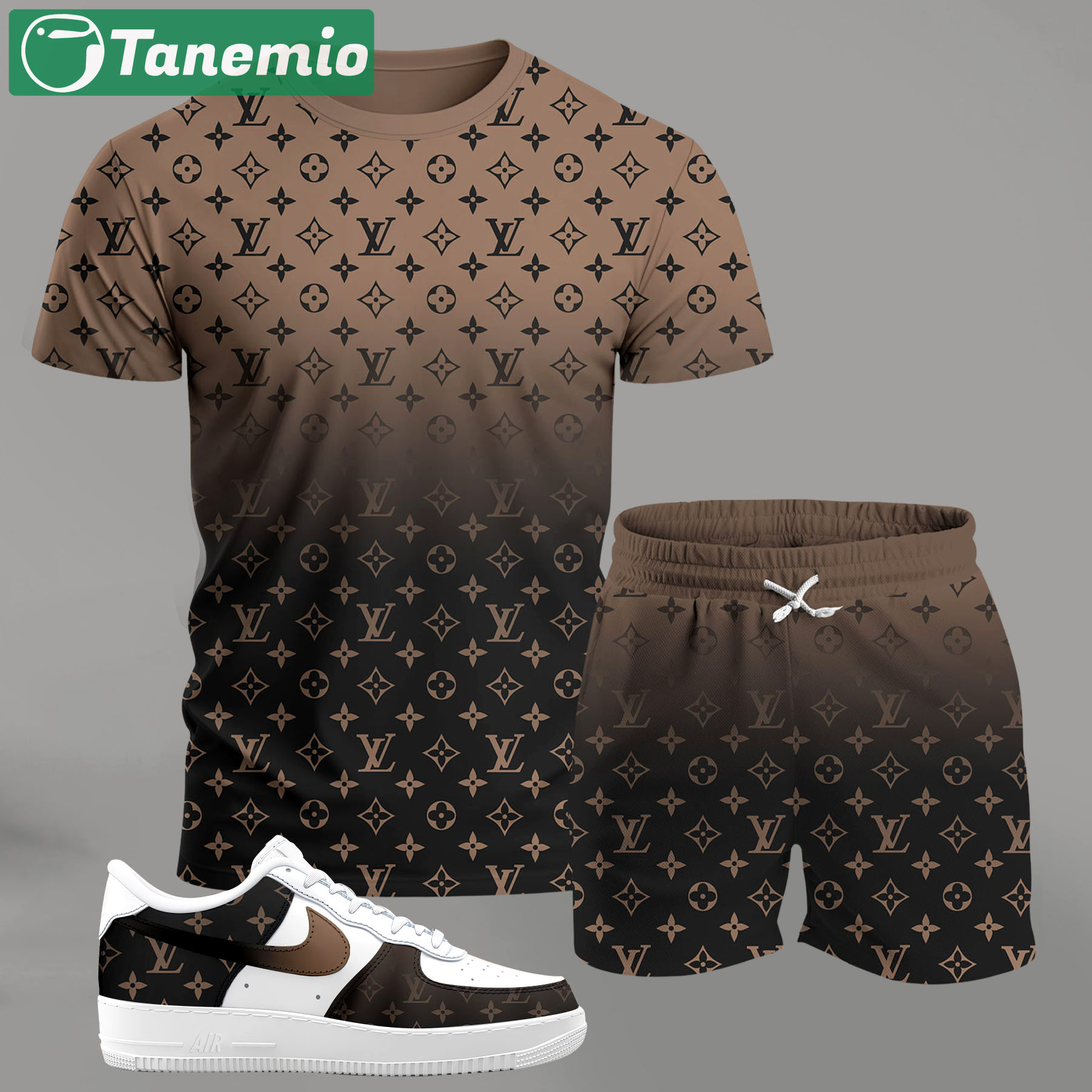 For the girls who love neutral tones, brown gradient monogram outfit t-shirt set | minimal aesthetic everyday wear T-Shirt Short Sneakers Set