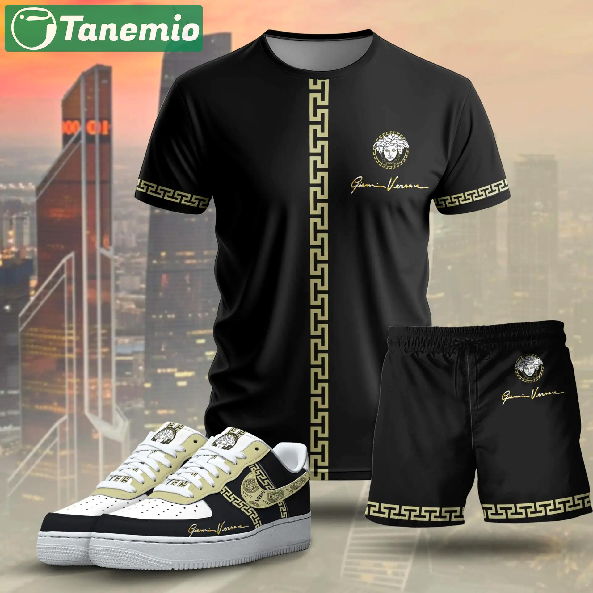 For the girls who love quiet luxury streetwear, versace graphic tee set – black gold minimal casual everyday outfit T-Shirt Short Sneakers Set