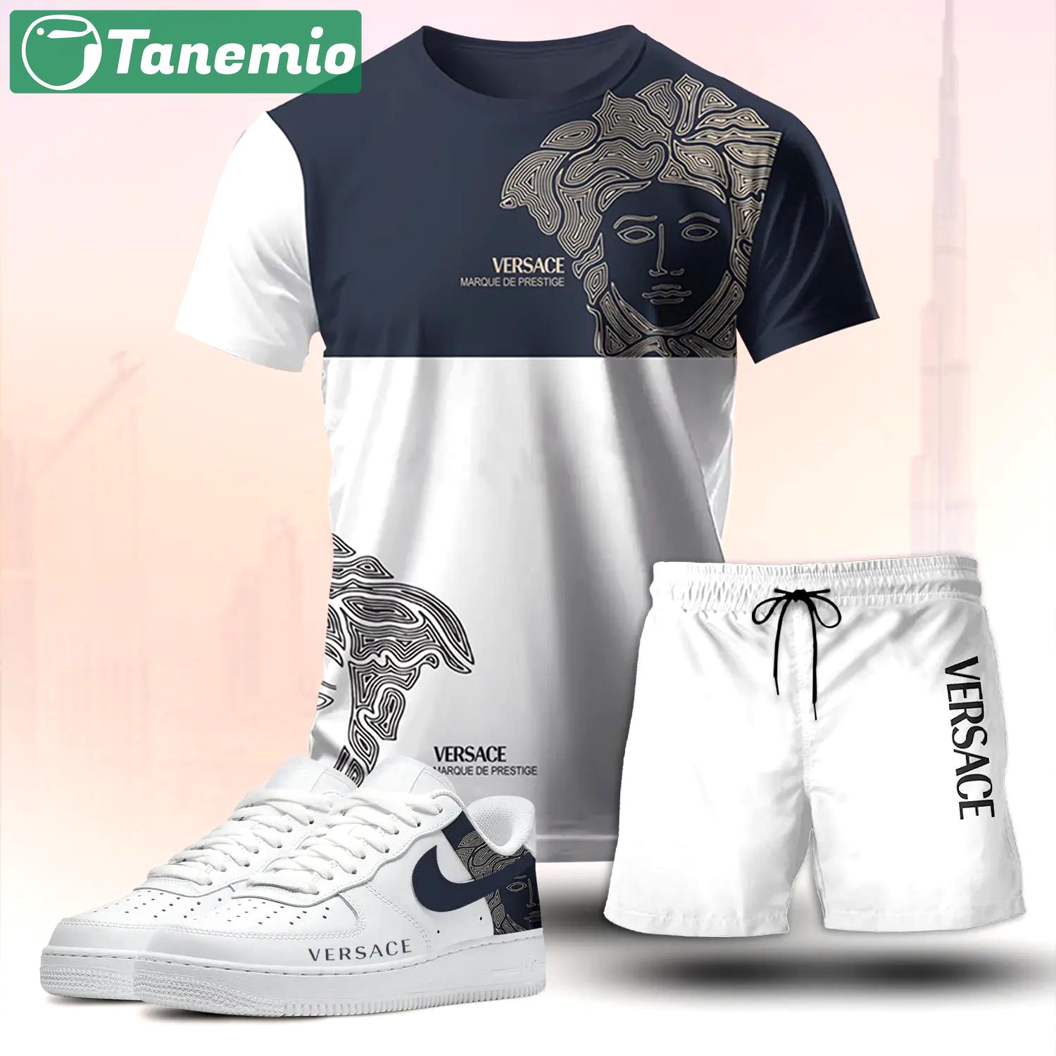 For the girls who love quiet luxury style, versace graphic tee set – navy white casual everyday outfit ideas T-Shirt Short Sneakers Set