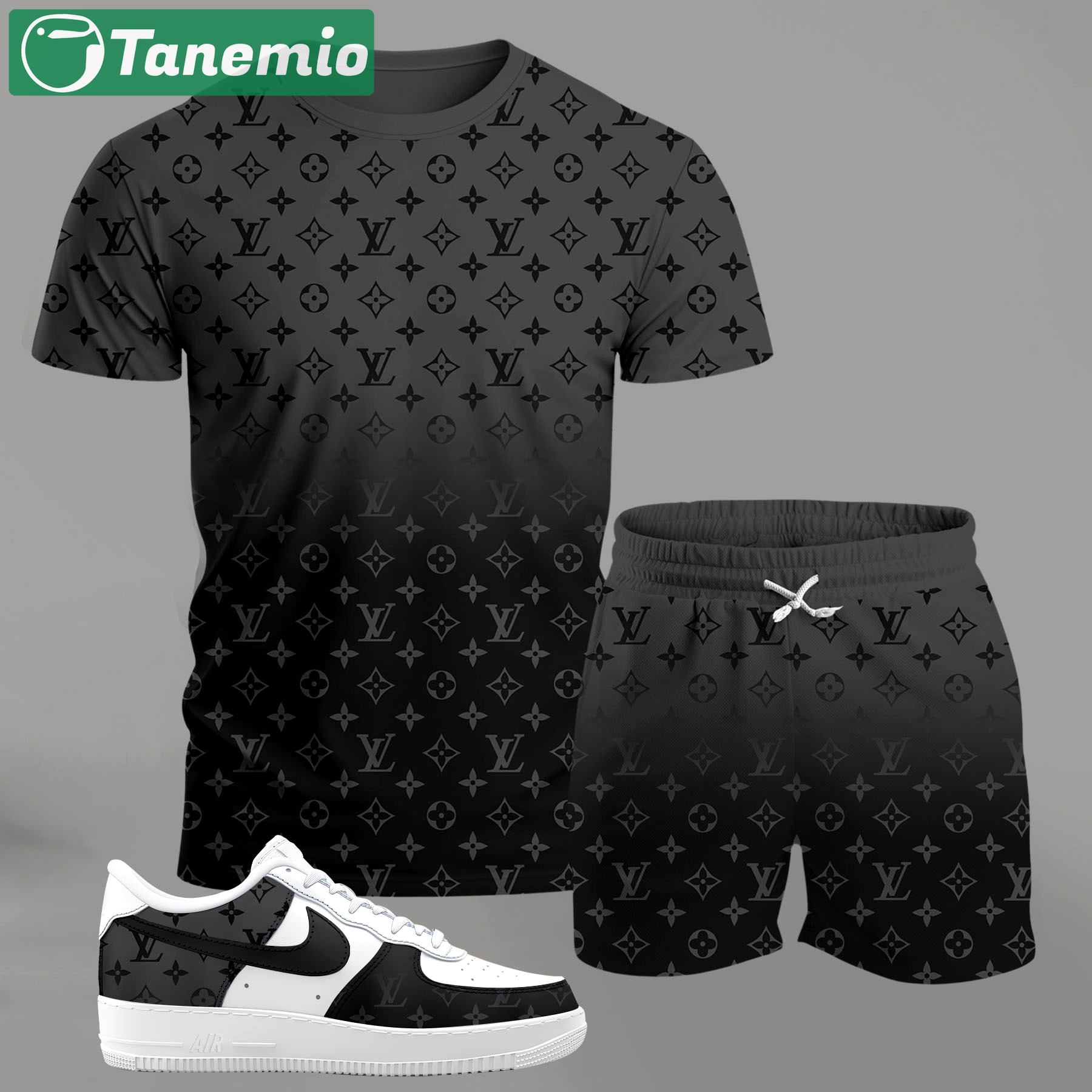 For the girls who love sleek monochrome streetwear, all-over pattern black gradient outfit t-shirt set | minimal aesthetic everyday wear T-Shirt Short Sneakers Set