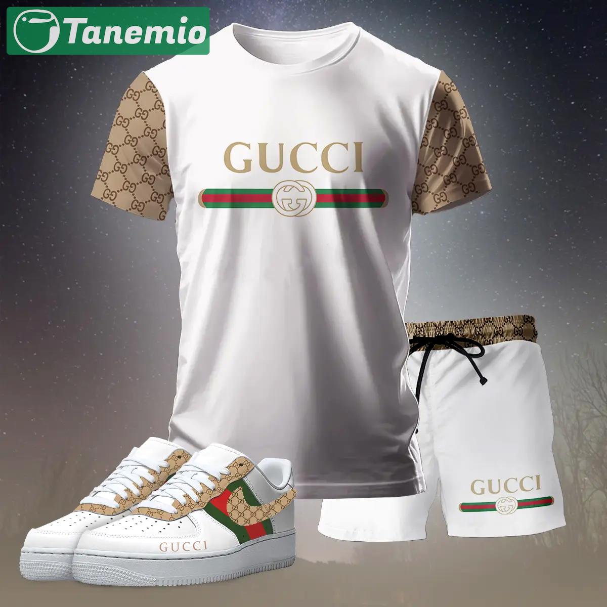 For the girls who love soft luxury style, gucci graphic tee set – white minimal casual everyday outfit ideas T-Shirt Short Sneakers Set