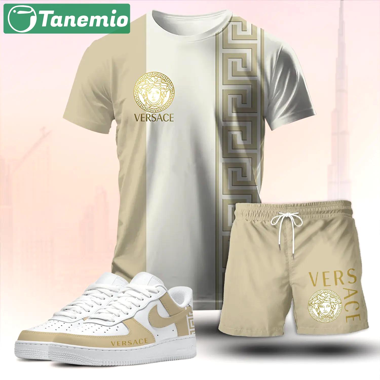 For the girls who love soft neutral luxury vibes, minimal graphic tee outfit t-shirt – beige split tone logo print | clean girl aesthetic outfit ideas T-Shirt Short Sneakers Set