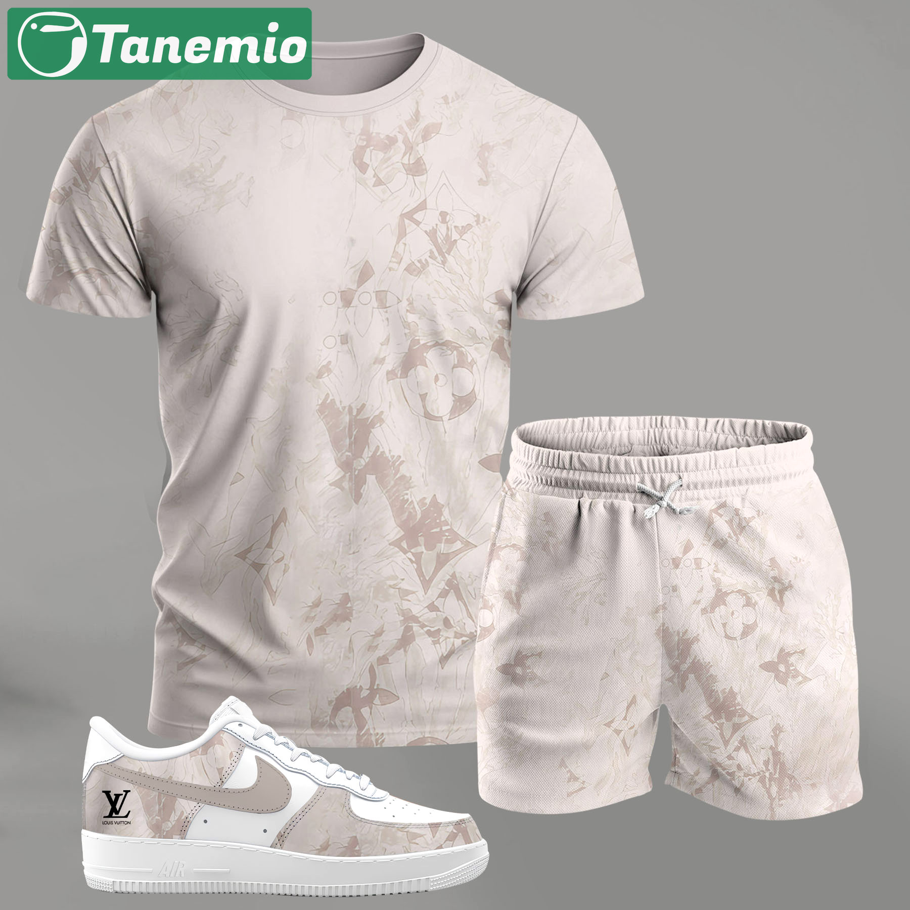 For the girls who love soft neutral tones, beige abstract pattern outfit t-shirt set | minimal aesthetic everyday wear T-Shirt Short Sneakers Set