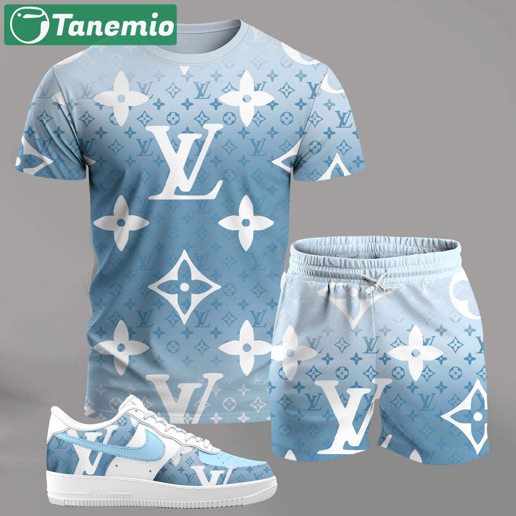 For the girls who love soft pastel streetwear, blue monogram pattern outfit t-shirt set | minimal aesthetic everyday wear T-Shirt Short Sneakers Set