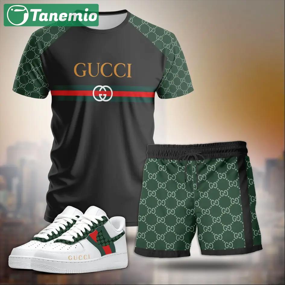 For the girls who love sporty luxe contrast, minimal logo stripe tee outfit t-shirt – black and green monogram print | casual everyday outfit aesthetic ideas T-Shirt Short Sneakers Set