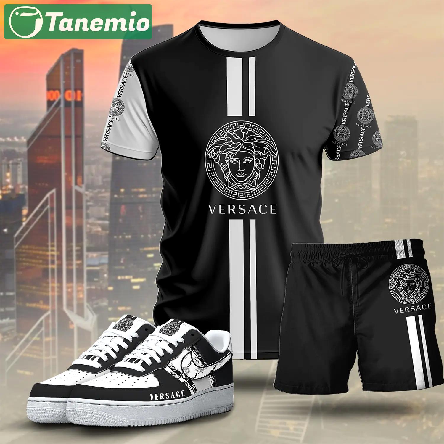For the girls who love sporty luxury streetwear, versace graphic tee set – black minimal casual everyday outfit ideas T-Shirt Short Sneakers Set