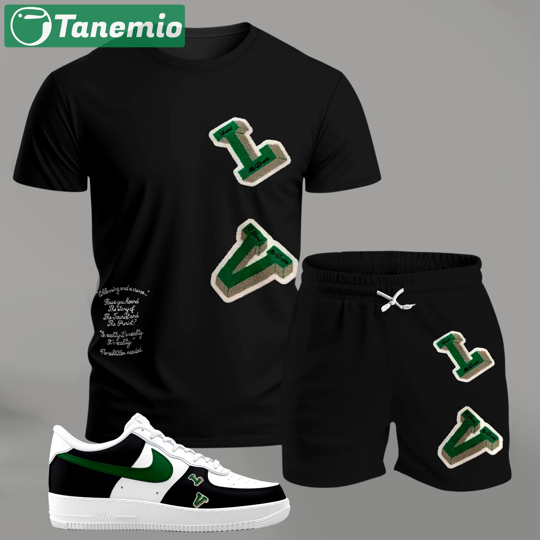 For the girls who love sporty minimal edge, graphic letter patch tee outfit t-shirt – black with green accents | casual everyday outfit aesthetic ideas T-Shirt Short Sneakers Set