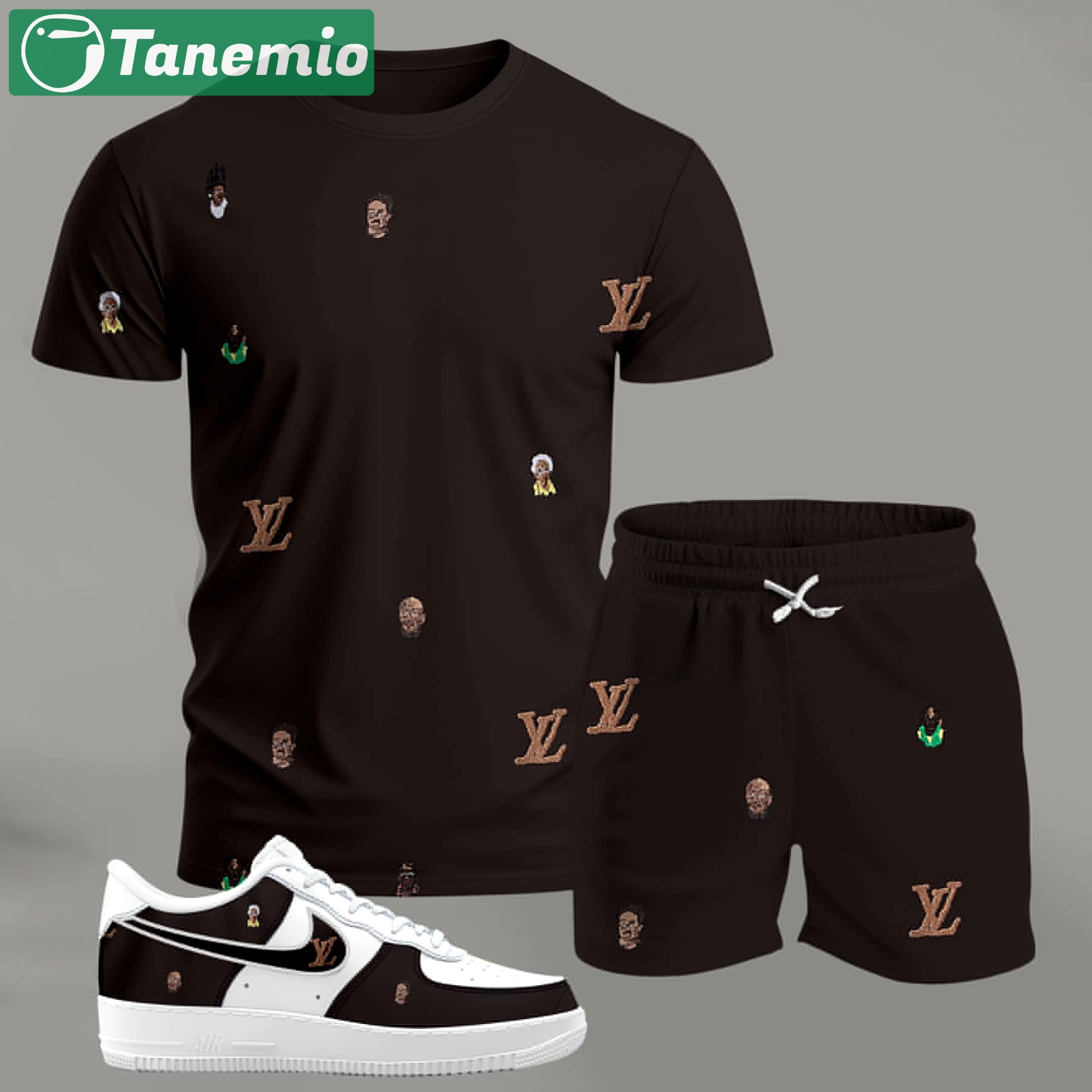 For the girls who love subtle statement pieces, dark brown mini pattern outfit t-shirt set | minimal aesthetic everyday wear T-Shirt Short Sneakers Set