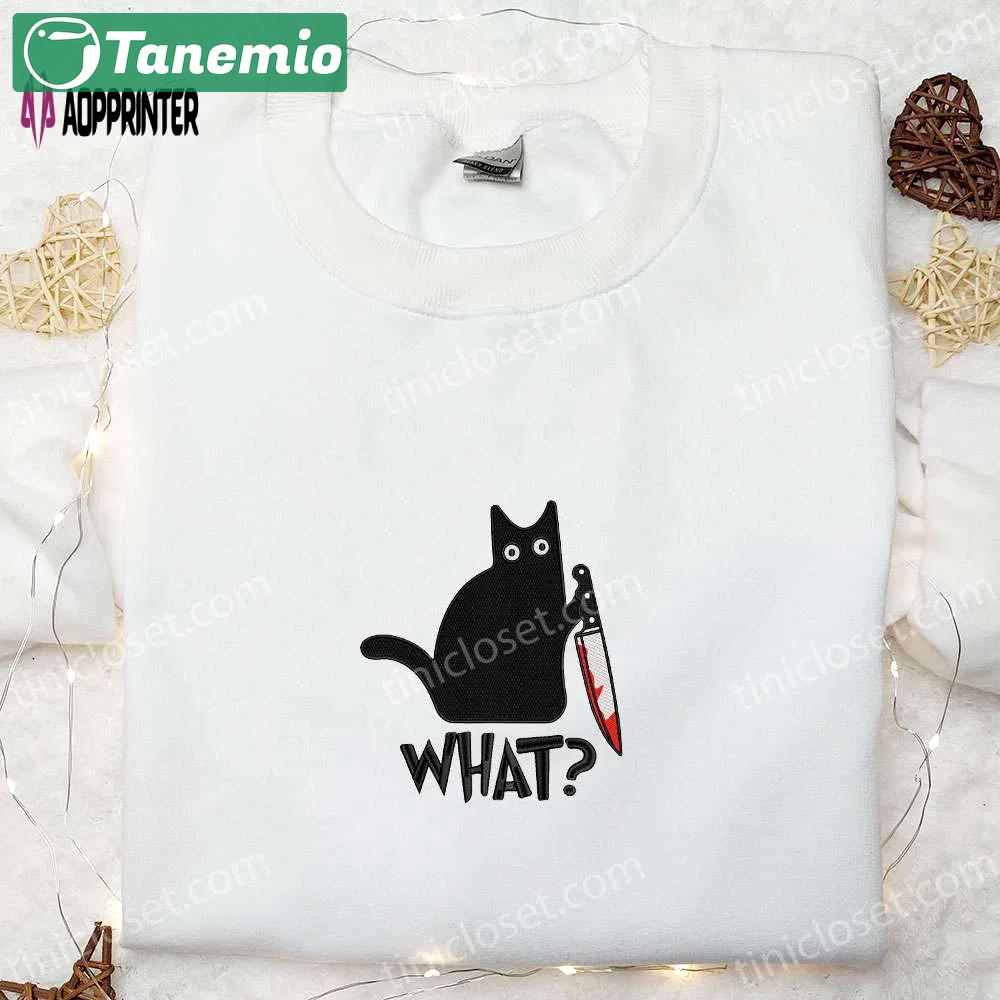 Funny black cat with knife embroidered shirt – best halloween gift Embroidered Shirt
