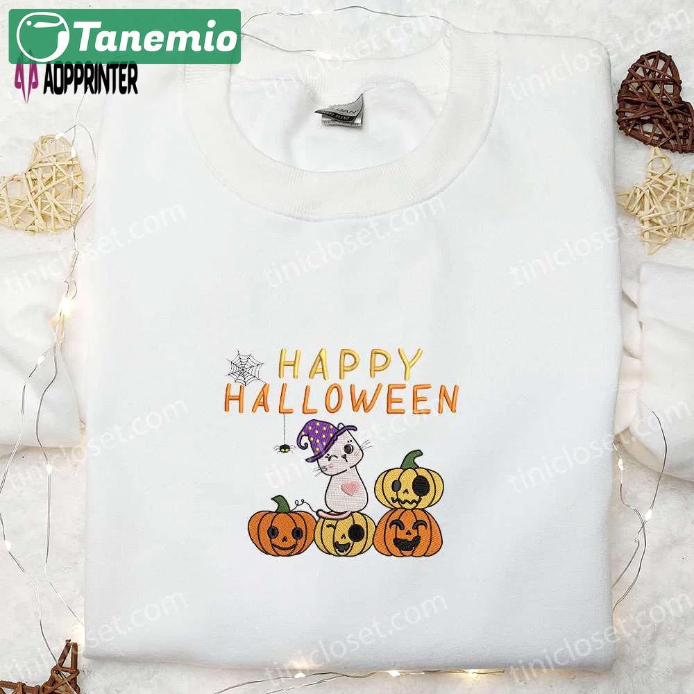 Funny happy halloween cute cat embroidered shirt – best halloween gift and clothing ideas Embroidered Shirt