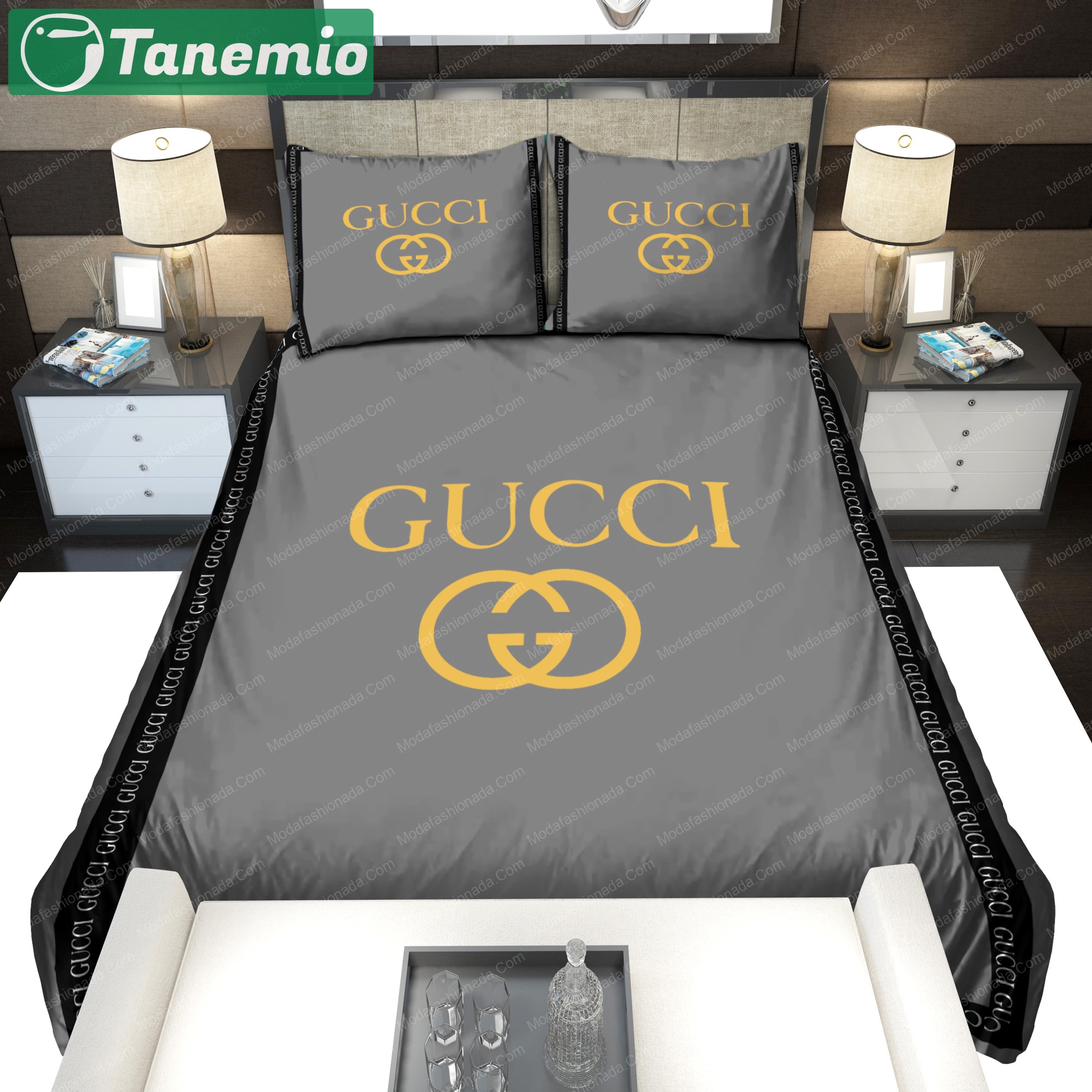 Grey gucci logo type 2297 Bedding Sets sheets duvet bed linen hyperbeast Bedroom home decor luxury ideas blankets covers premium fashion brand bedclothes bedspread