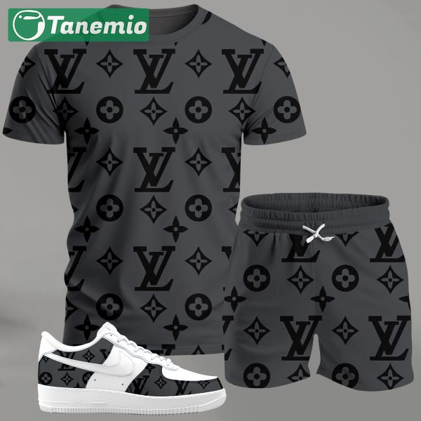 Grey monogram streetwear set for men, all-over pattern t-shirt and shorts combo with contrast sneakers T-Shirt Short Sneakers Set
