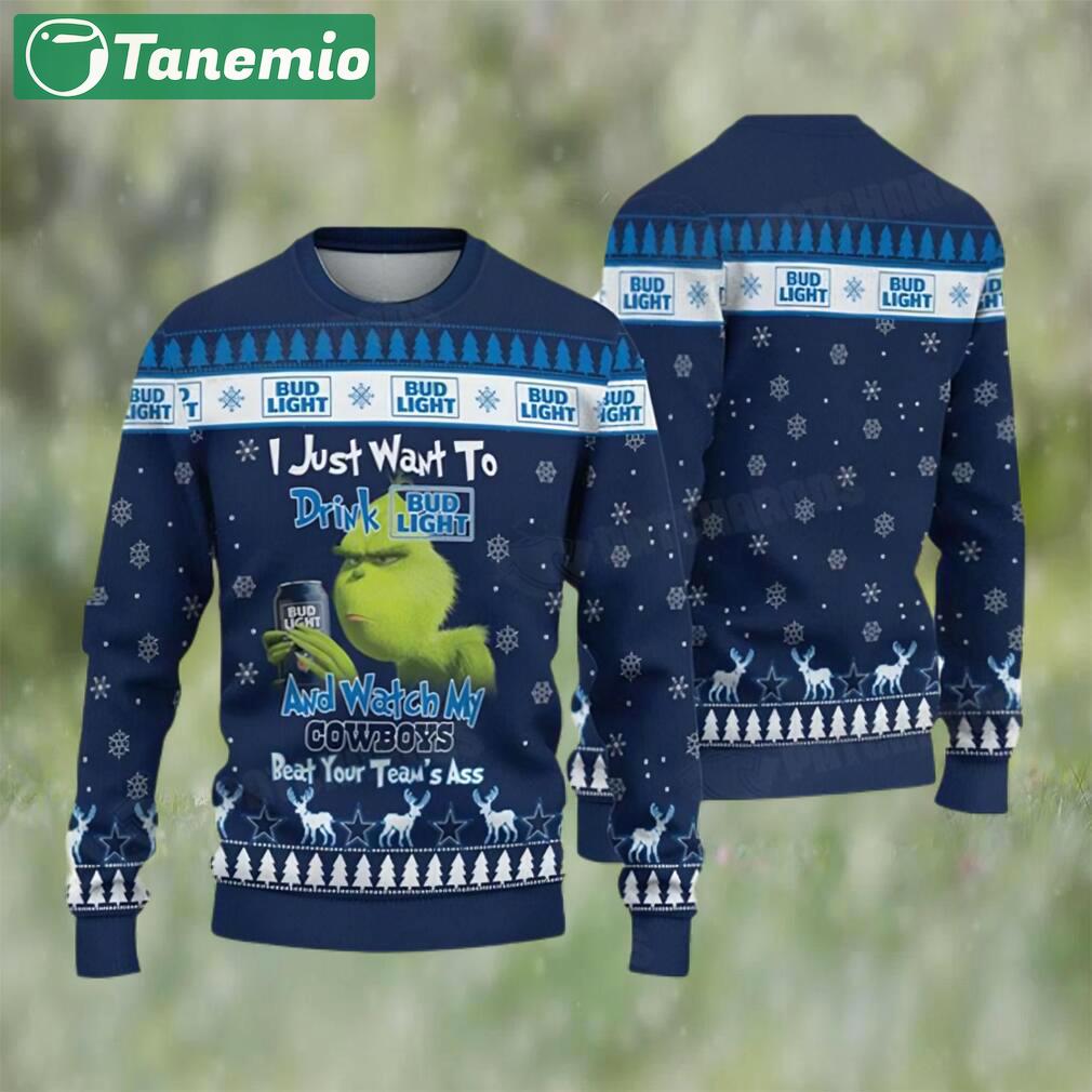 Grinch drink bud light and watch my cowboys ugly christmas sweater funny gift Christmas Ugly Sweater