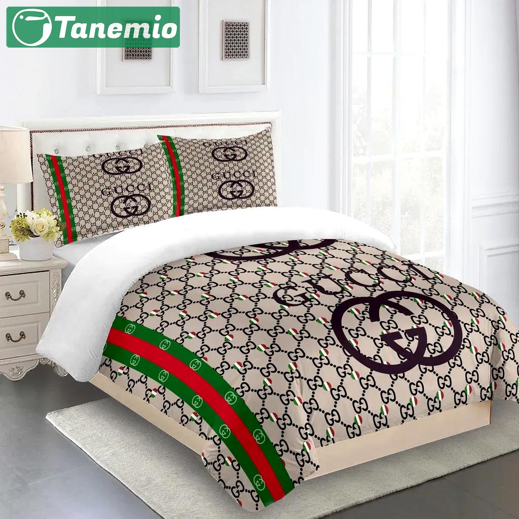 Gucci fashion logo limited luxury brand bedding sets, bedroom decor , thanksgiving decorations for home 13 best luxury bed sets gift thankgivings and christmas Bedding Sets