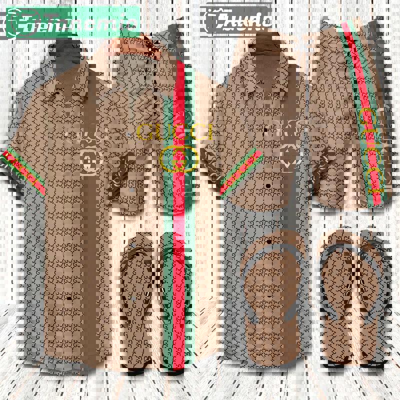 Gucci flip flops and combo hawaii shirt shorts luxury brand summer outfit 2 Hawaii Shirt Shorts & Flip Flops