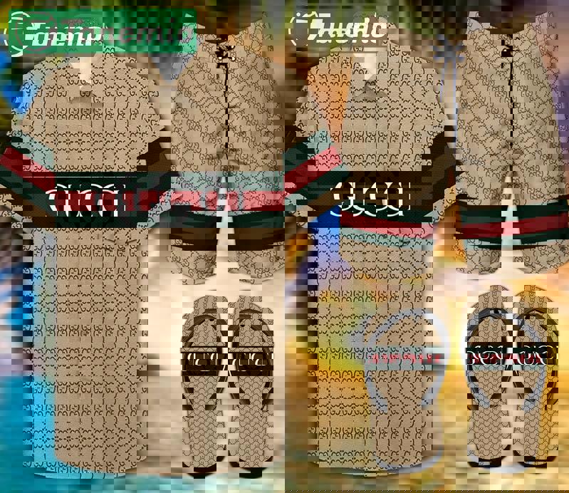 Gucci flip flops and combo hawaii shirt shorts luxury brand summer outfit Hawaii Shirt Shorts & Flip Flops