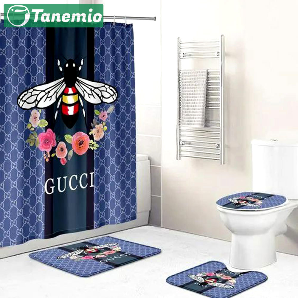 Gucci flower bee logo type 1718 Bathroom Accessory Sets Bath Mat Set Toilet Cover Home Decor Pedestal Rug Luxury Fashion Brand Hypebeast Bathroom Bathroom Sets Waterproof Shower Curtain