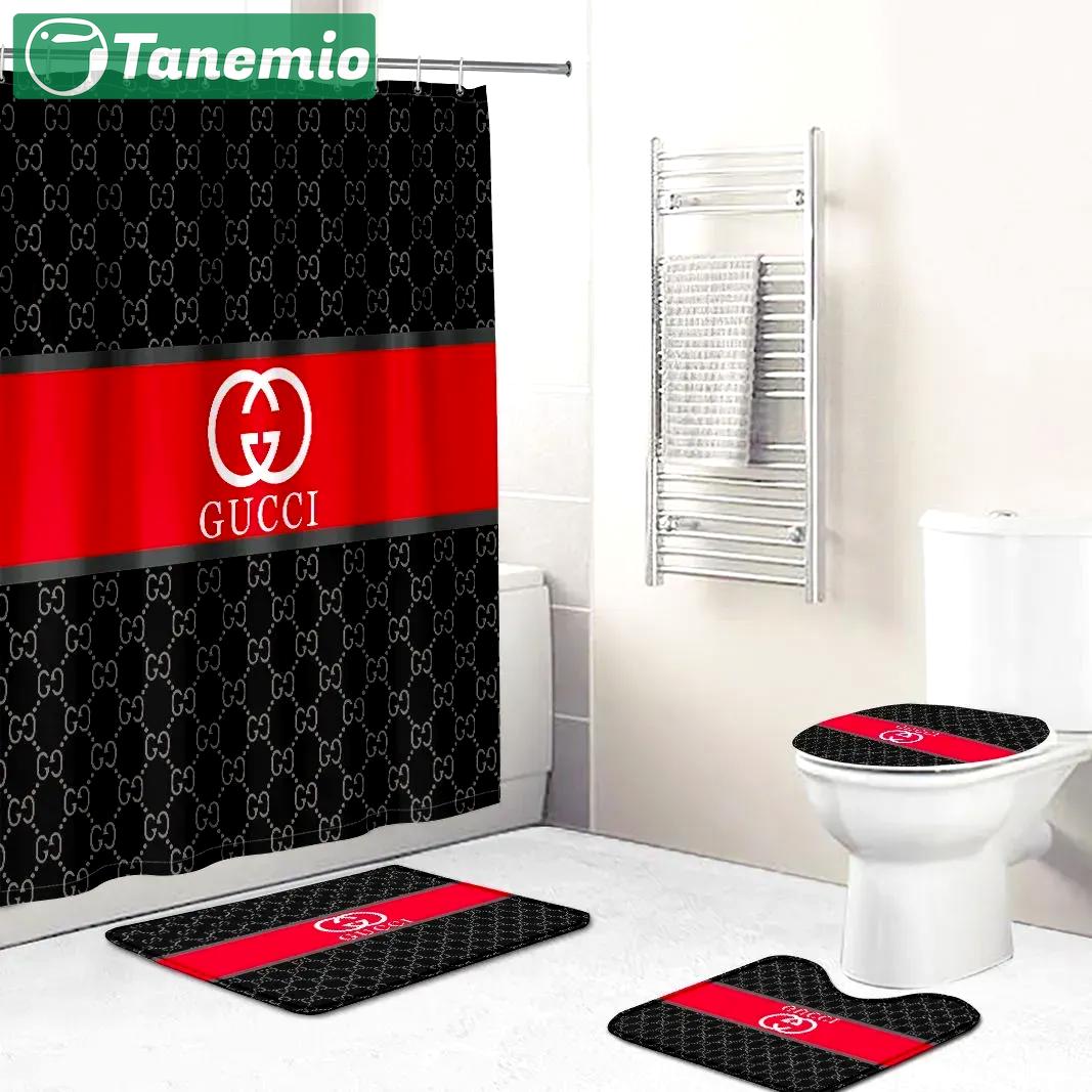 Gucci logo type 1398 Bathroom Accessory Sets Bathroom Sets Pedestal Rug Waterproof Shower Curtain Bath Mat Set Home Decor Toilet Cover Hypebeast Bathroom Luxury Fashion Brand