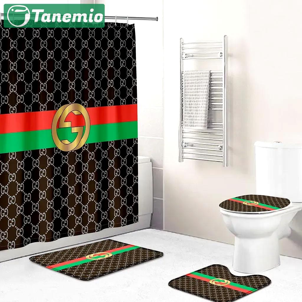 Gucci logo type 647 Bathroom Accessory Sets Waterproof Shower Curtain Toilet Cover Home Decor Luxury Fashion Brand Pedestal Rug Bath Mat Set Hypebeast Bathroom Bathroom Sets