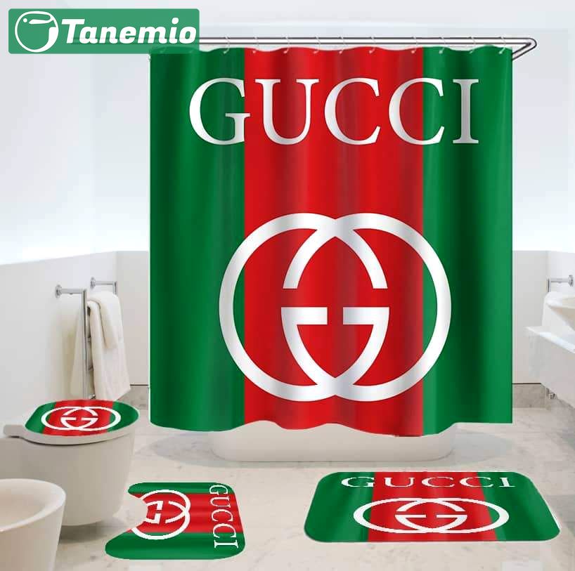 Gucci stripe logo type 1918 Bathroom Accessory Sets Luxury Fashion Brand Pedestal Rug Toilet Cover Home Decor Waterproof Shower Curtain Bathroom Sets Hypebeast Bathroom Bath Mat Set