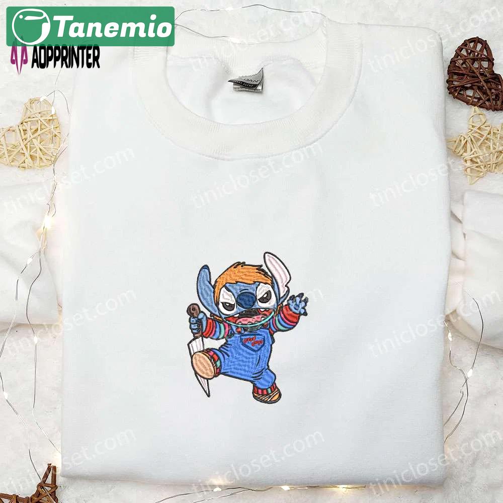 Halloween chucky & disney stitch embroidered sweatshirt funny t-shirt: spooktacular halloween apparel Embroidered Shirt