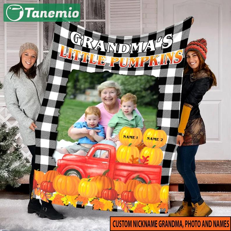 Halloween decorations custom name and photo halloween blanket, grandma's little pumpkin blanket, family halloween movies blanket, halloween blanket, gift for son Quilt Blanket