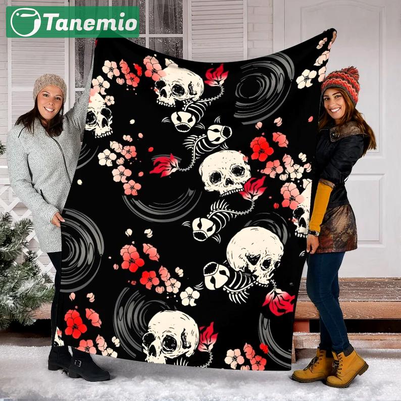 Halloween decorations skull halloween blanket, halloween movies blanket, floral halloween blanket, halloween fleece blanket, creepy halloween blanket, skeleton Quilt Blanket