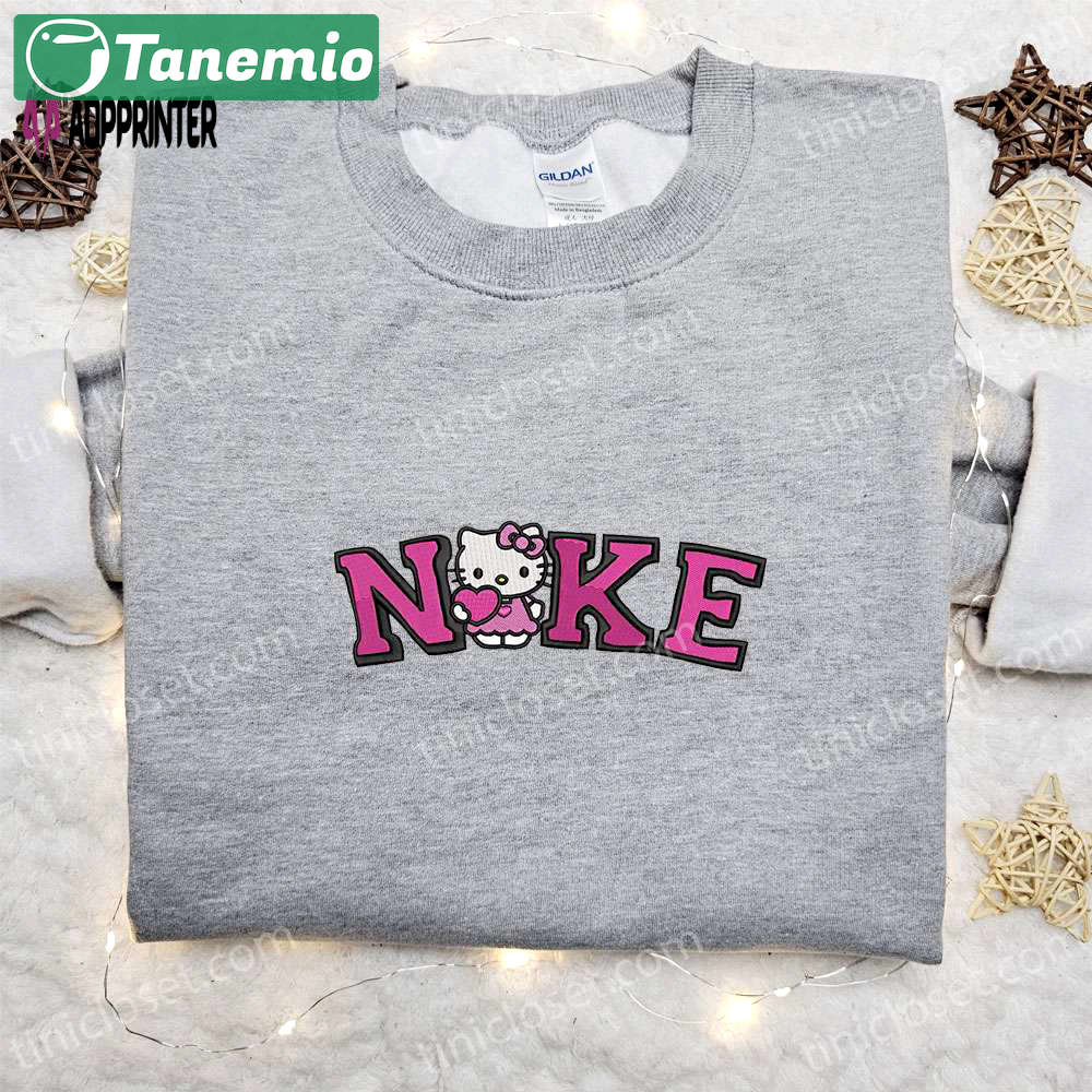 Hello kitty heart x nike embroidered tshirt – cute cartoon shirt with nike inspiration Embroidered Shirt