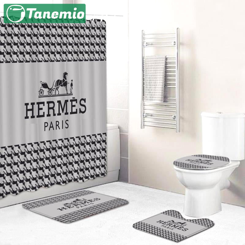 Hermes paris logo type 2118 Bathroom Accessory Sets Toilet Cover Waterproof Shower Curtain Luxury Fashion Brand Home Decor Bathroom Sets Hypebeast Bathroom Pedestal Rug Bath Mat Set