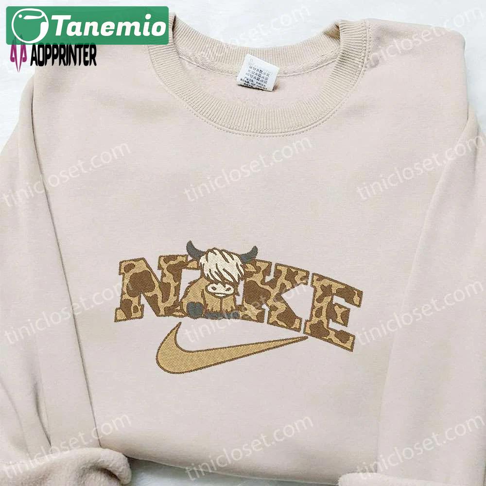 Highland cattle x nike animal embroidered shirt – unique nike inspired gift for family Embroidered Shirt