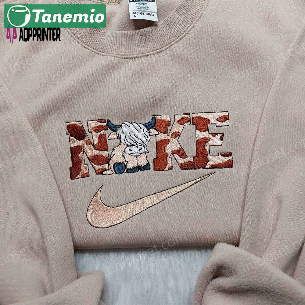 Highland cow nike embroidered shirt – trendy sweatshirt with custom nike style Embroidered Shirt