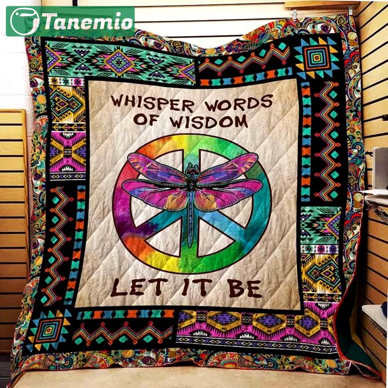 Hippie dragonfly fleece blanket, whisper words of wisdom let it be blanket, hippie peace symbol blanket, birthday gifts, christmas gifts Quilt Blanket