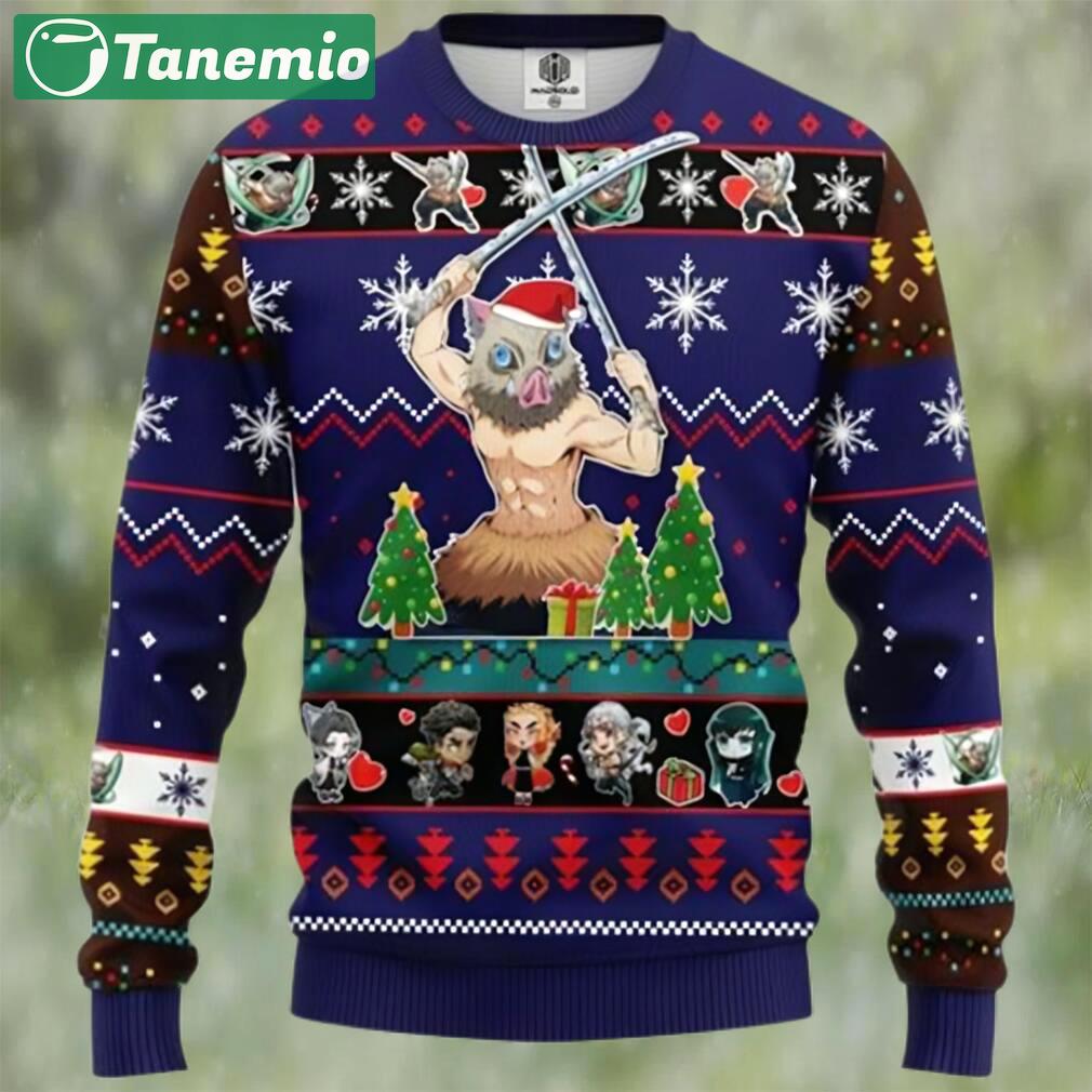 Inosuke hashibira blue demon slayer chibi demon slayer ugly christmas sweater Christmas Ugly Sweater