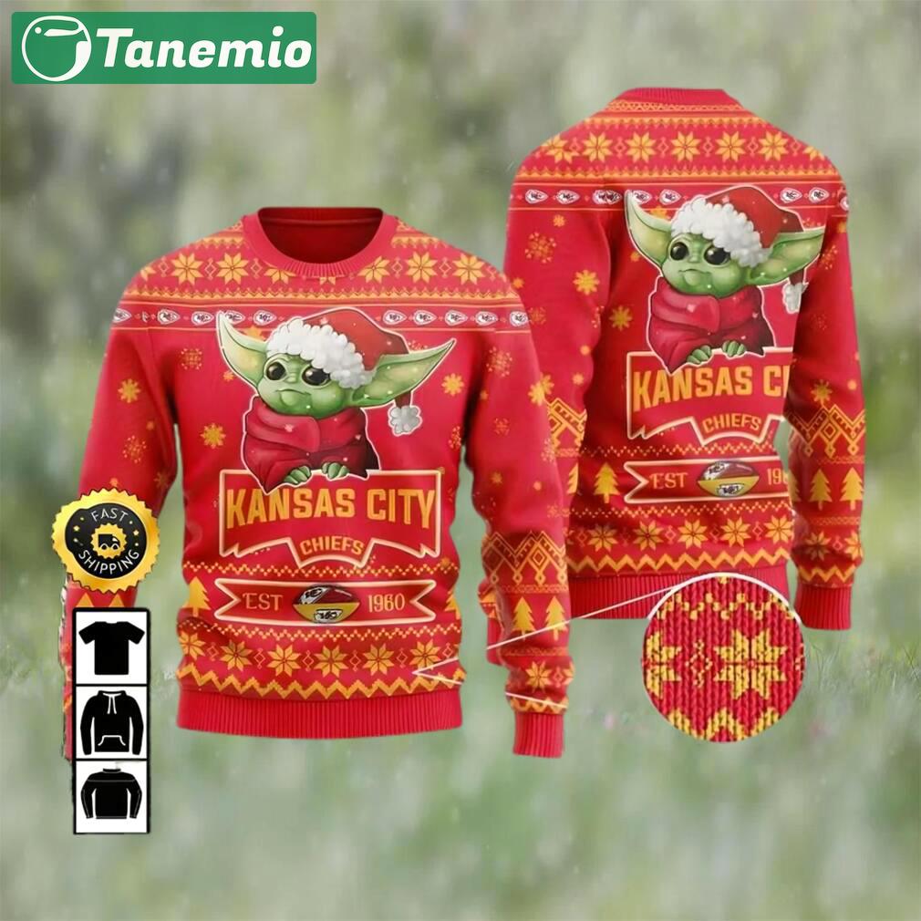 Kansas city chiefs est 1960 baby yoda ugly christmas sweater, faux wool sweater, national football league, gifts for fans football nfl, football 3d ugly sweater ? prinvity Christmas Ugly Sweater
