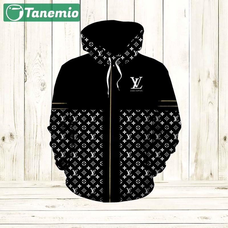 Louis vuitton black white unisex hoodie foren womenuxury brandv clothing clothes outfit 295 Zipper Hoodie 3D