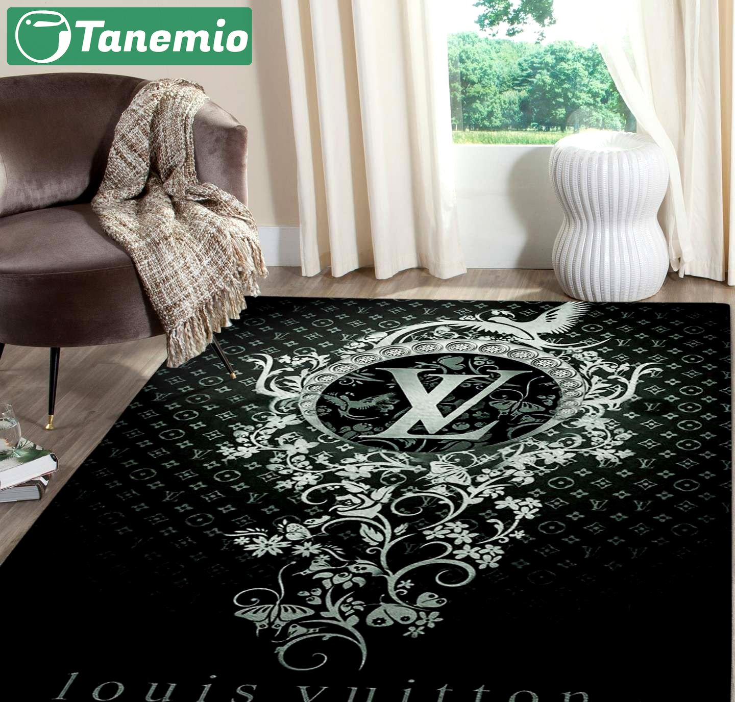 Louis vuitton dark flowers logo type 661. Upgrade Your Living Room with Luxury Home Decor: Area Carpets, Floor Decor, Door Mats, and Hot Gift Items with style a High-End Fashion Brand Rectangle Rug
