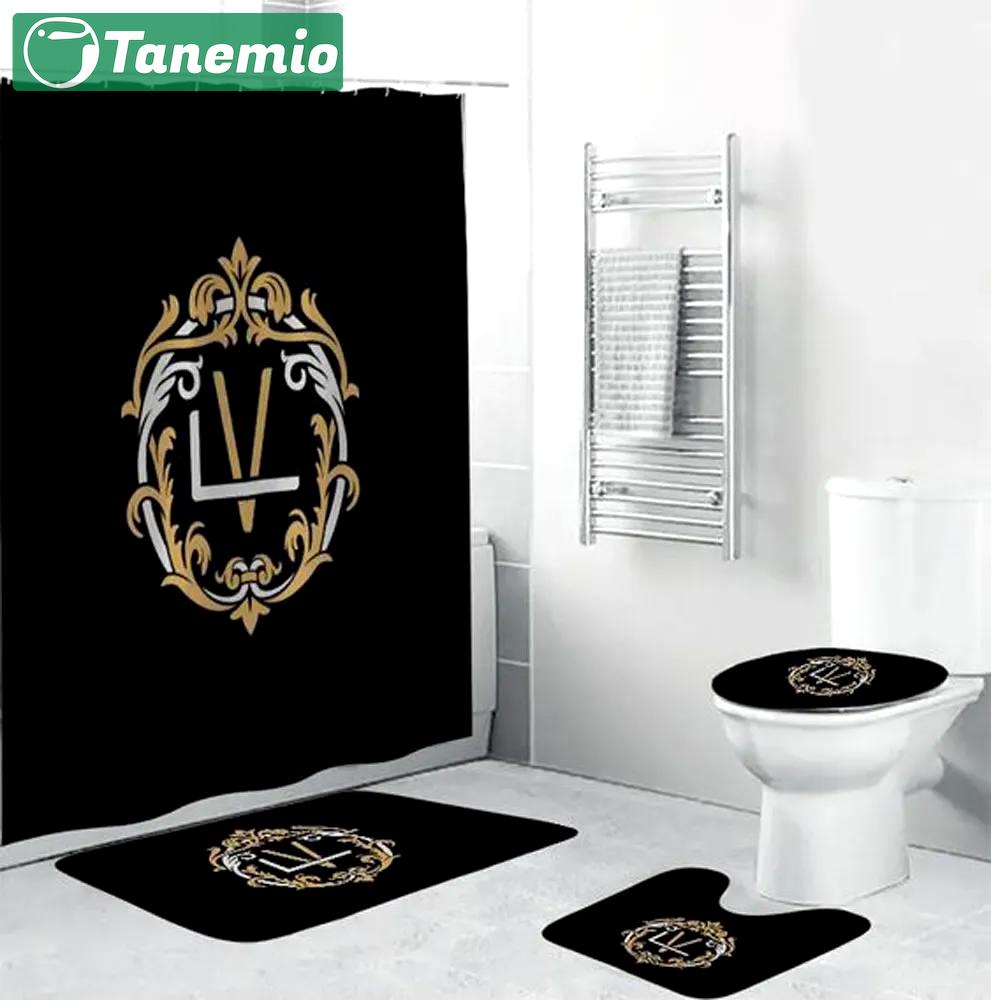Louis vuitton logo black fashion luxury brand premium bathroom set home decor Bathroom Set