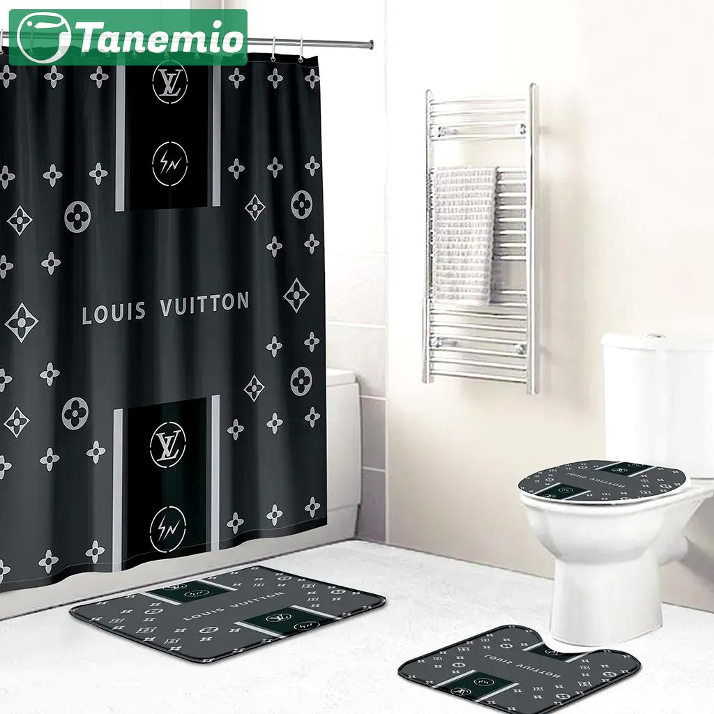 Louis vuitton logo type 587 Bathroom Accessory Sets Bathroom Sets Toilet Cover Bath Mat Set Home Decor Pedestal Rug Waterproof Shower Curtain Luxury Fashion Brand Hypebeast Bathroom