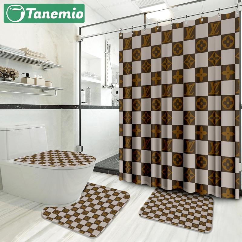 Louis vuitton logo type 751 Bathroom Accessory Sets Toilet Cover Luxury Fashion Brand Bath Mat Set Waterproof Shower Curtain Home Decor Hypebeast Bathroom Bathroom Sets Pedestal Rug