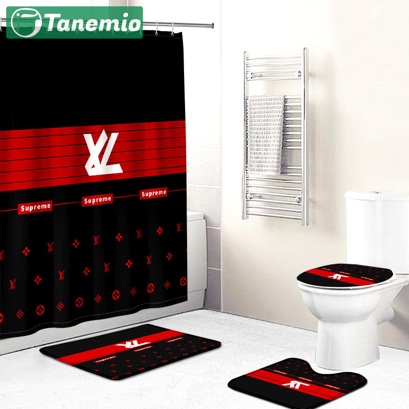 Louis vuitton lv black red logo type 1615 Bathroom Accessory Sets Luxury Fashion Brand Home Decor Toilet Cover Waterproof Shower Curtain Bath Mat Set Pedestal Rug Bathroom Sets Hypebeast Bathroom