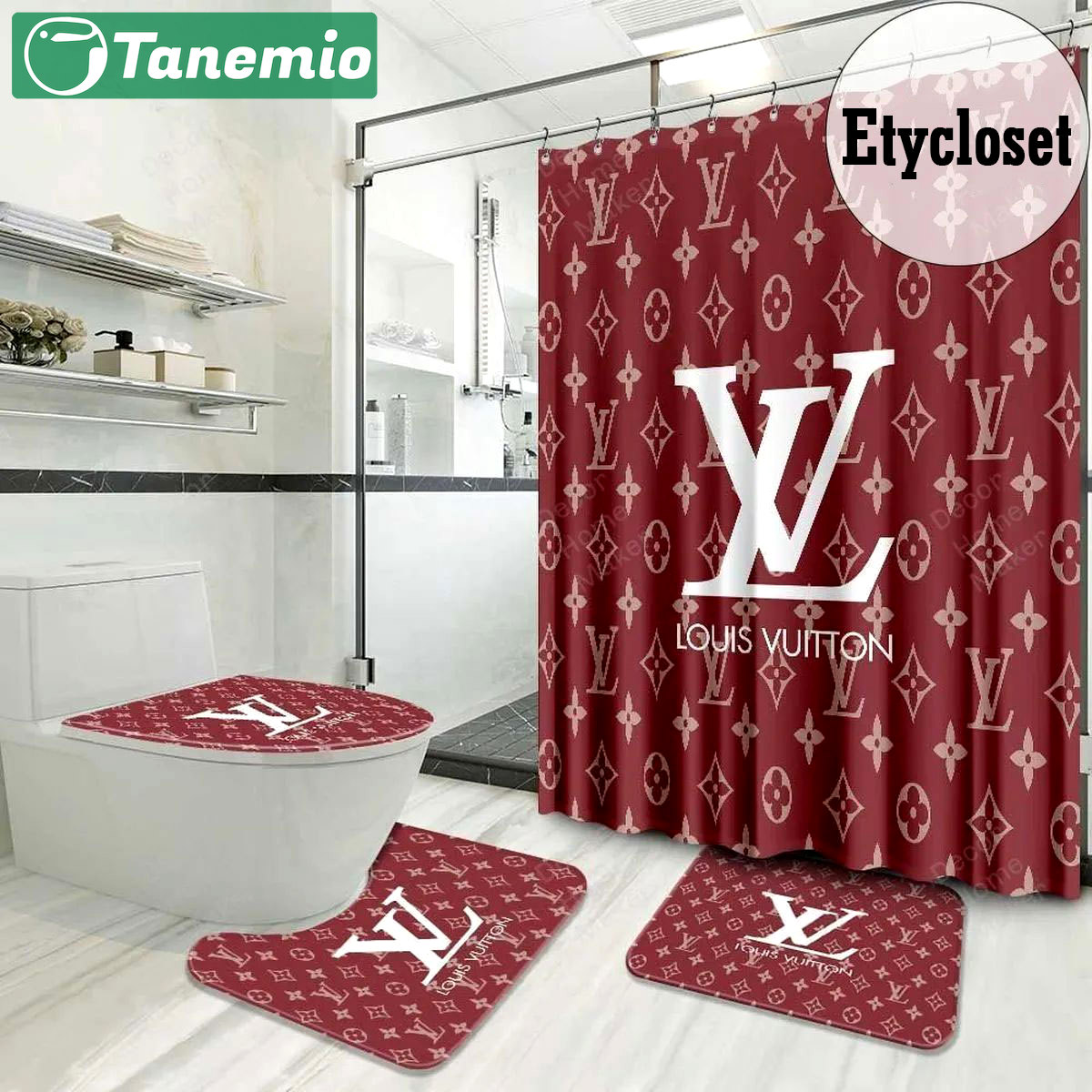 Louis vuitton lv monogram logo type 2075 Bathroom Accessory Sets Pedestal Rug Bath Mat Set Luxury Fashion Brand Hypebeast Bathroom Waterproof Shower Curtain Home Decor Toilet Cover Bathroom Sets
