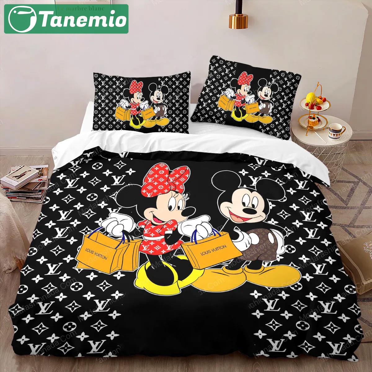 Louis vuitton mickey mouse luxury brand bedding sets bedspread duvet cover set best luxury bed sets gift thankgivings and christmas Bedding Sets