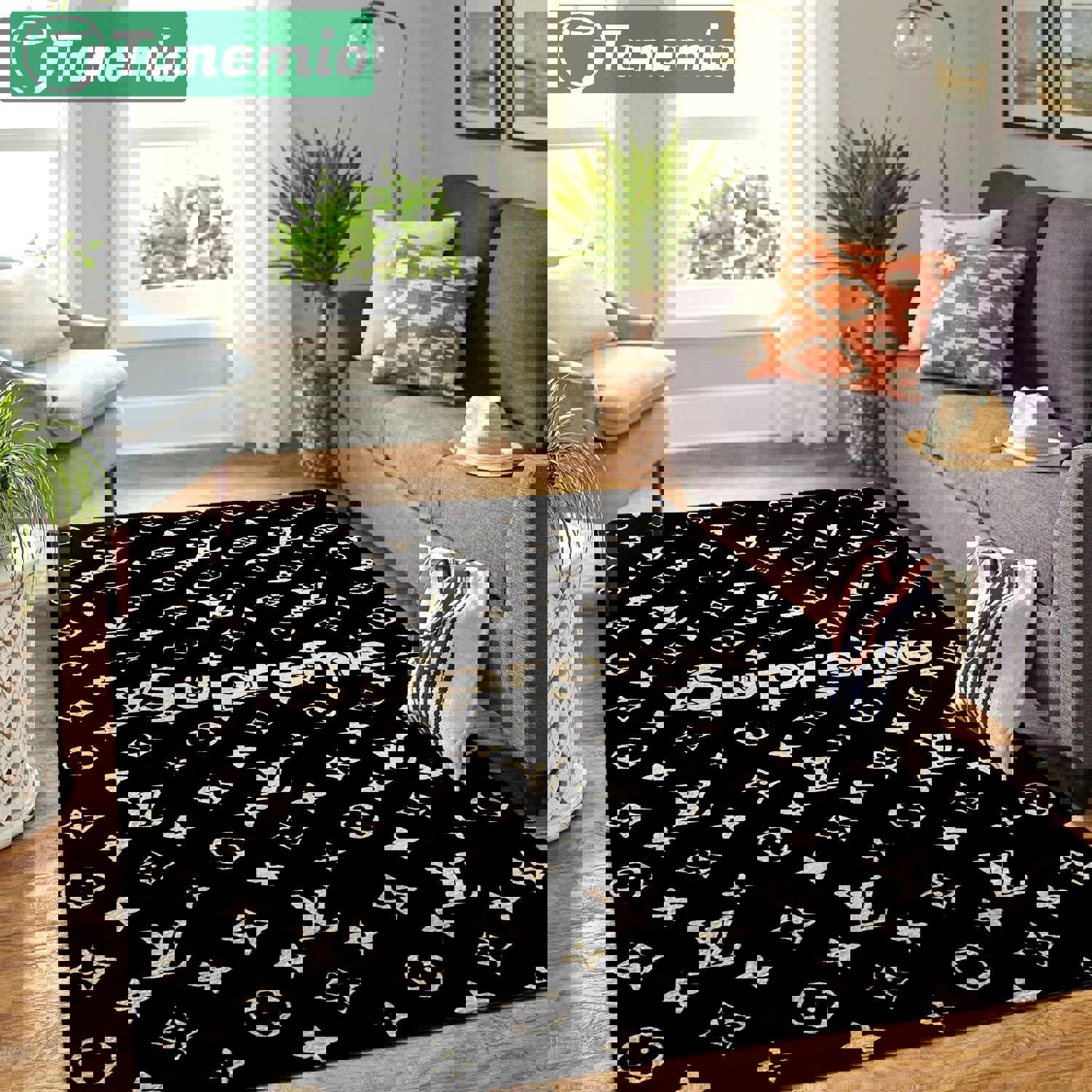 Louis vuitton supreme black logo type 651. Upgrade Your Living Room with Luxury Home Decor: Area Carpets, Floor Decor, Door Mats, and Hot Gift Items with style a High-End Fashion Brand Rectangle Rug