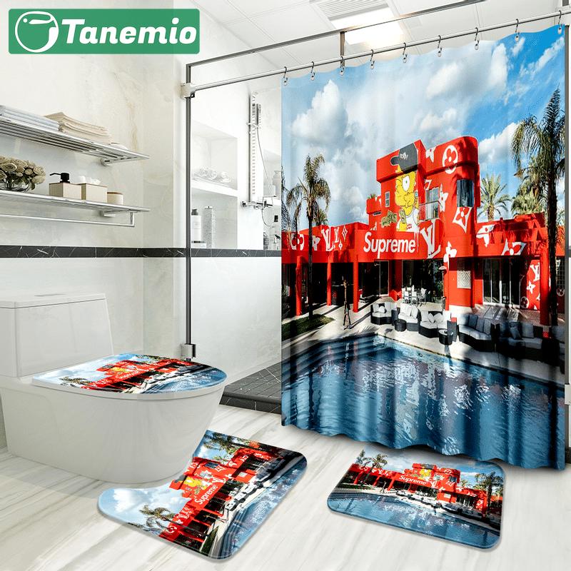 Louis vuitton supreme pool party logo type 712 Bathroom Accessory Sets Waterproof Shower Curtain Toilet Cover Hypebeast Bathroom Pedestal Rug Bathroom Sets Bath Mat Set Luxury Fashion Brand Home Decor