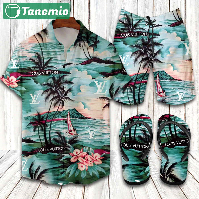 Louis vuitton watercolor painting hawaiian shirt beach shorts and flip flops combo Hawaii Shirt Shorts & Flip Flops