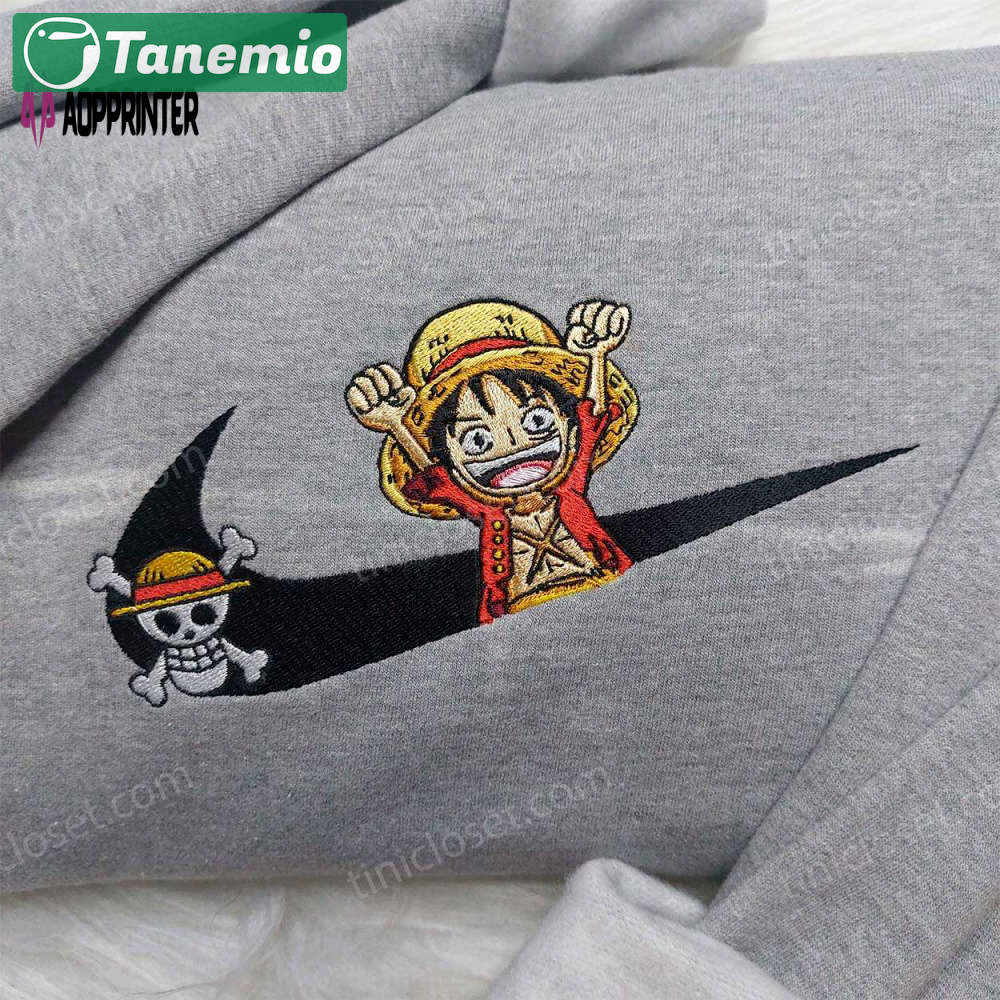 Luffy embroidered shirt: one piece anime & nike inspired sweatshirt Embroidered Shirt
