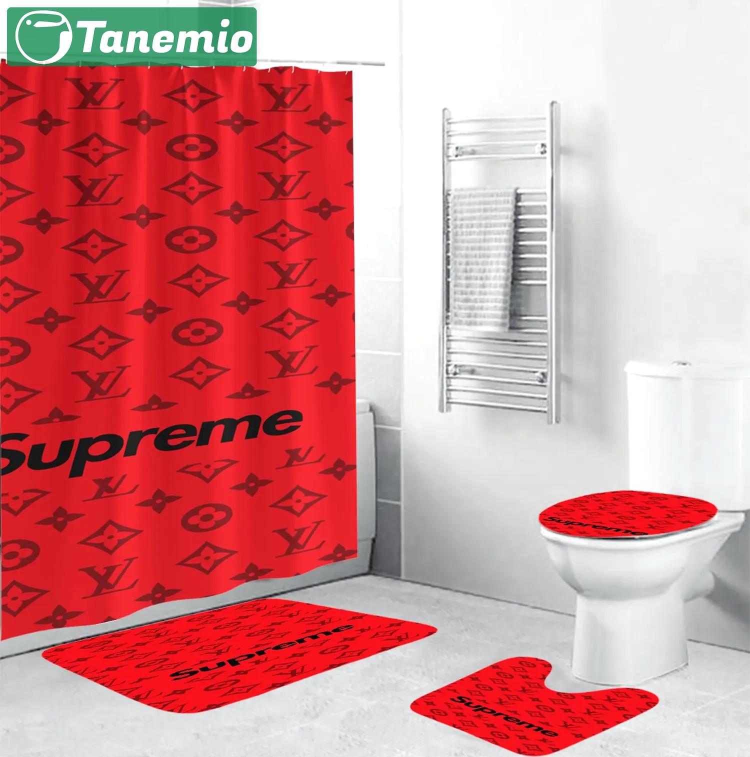 Lv louis vuitton supreme in red monogram background logo type 994 Bathroom Accessory Sets Waterproof Shower Curtain Bath Mat Set Pedestal Rug Toilet Cover Home Decor Bathroom Sets Luxury Fashion Brand Hypebeast Bathroom