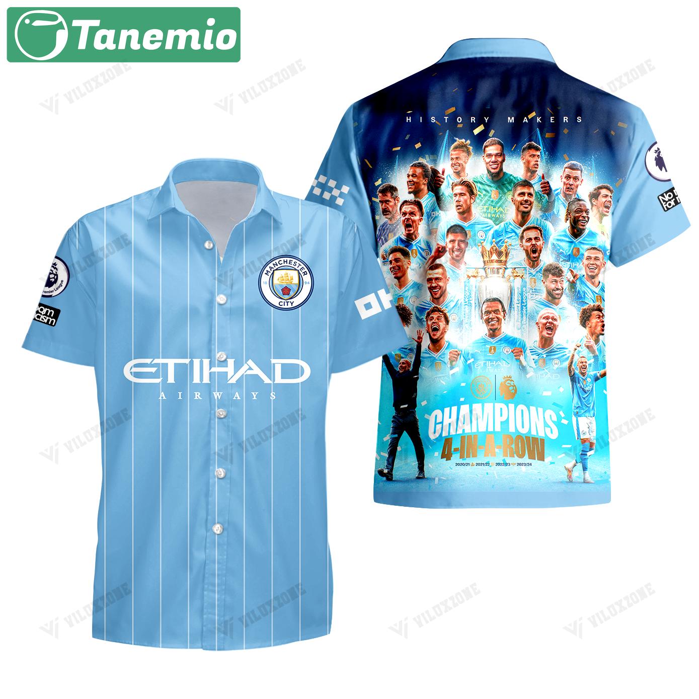 Manchester city is the premier league 2023-24 champions 4 in a row history makers all over print shirt 3d hawaiian shirt Hawaii Shirt Shorts & Flip Flops