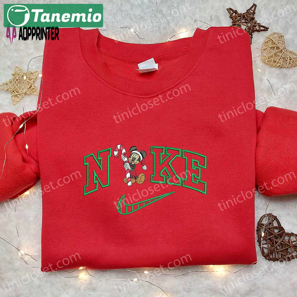 Mickey mouse candy cane xmas x nike embroidered tshirt: best christmas gift idea nike inspired shirt Embroidered Shirt
